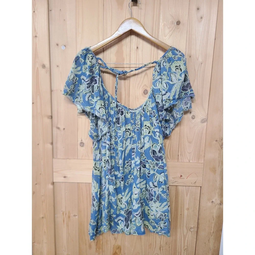 Free People Tunic Top /dress Womens S Blue Floral Short Sleeve Boho Pockets